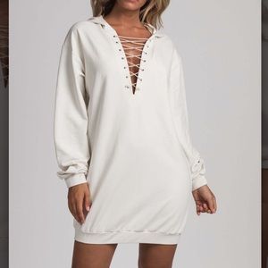 Meshki- LACE UP HOODED MINI DRESS - CREAM